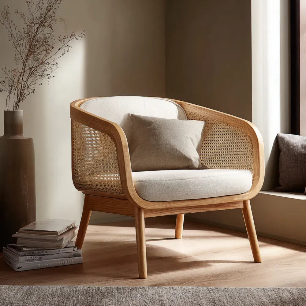 Armchair Rattan Backrest 78x75x80 cm – Natural Wood/Beige – Modern Design